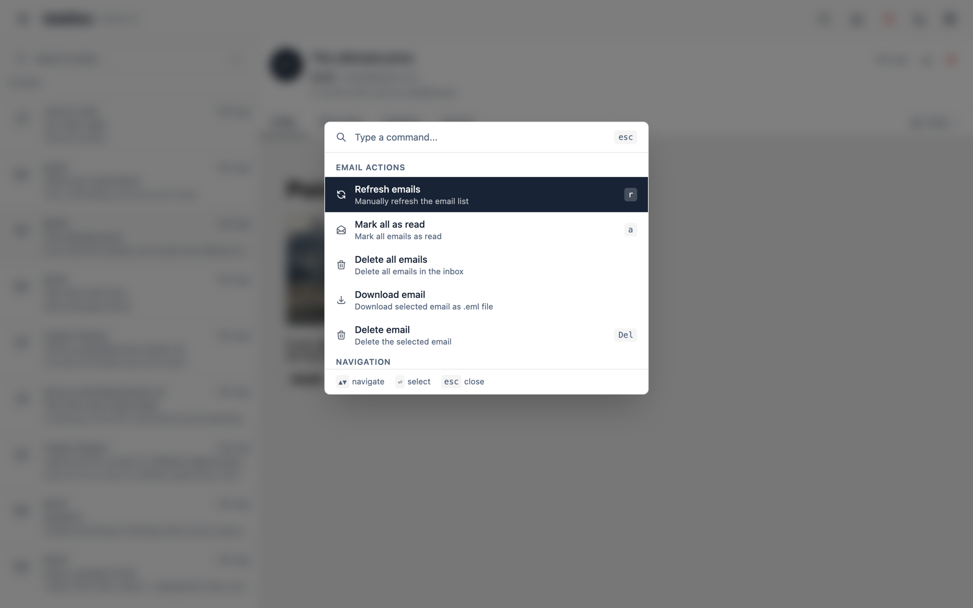 MailDev command palette open, showing email actions and keyboard shortcuts, launched with Command-K