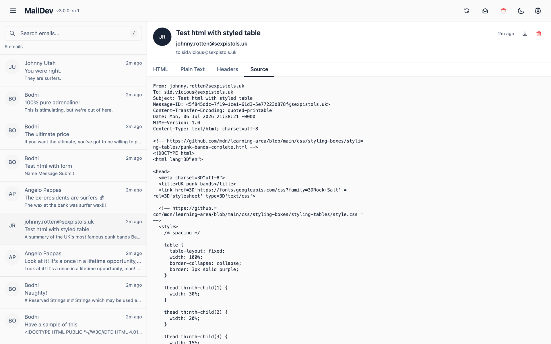 MailDev showing the raw source of an email with HTML, Plain Text, Headers and Source tabs