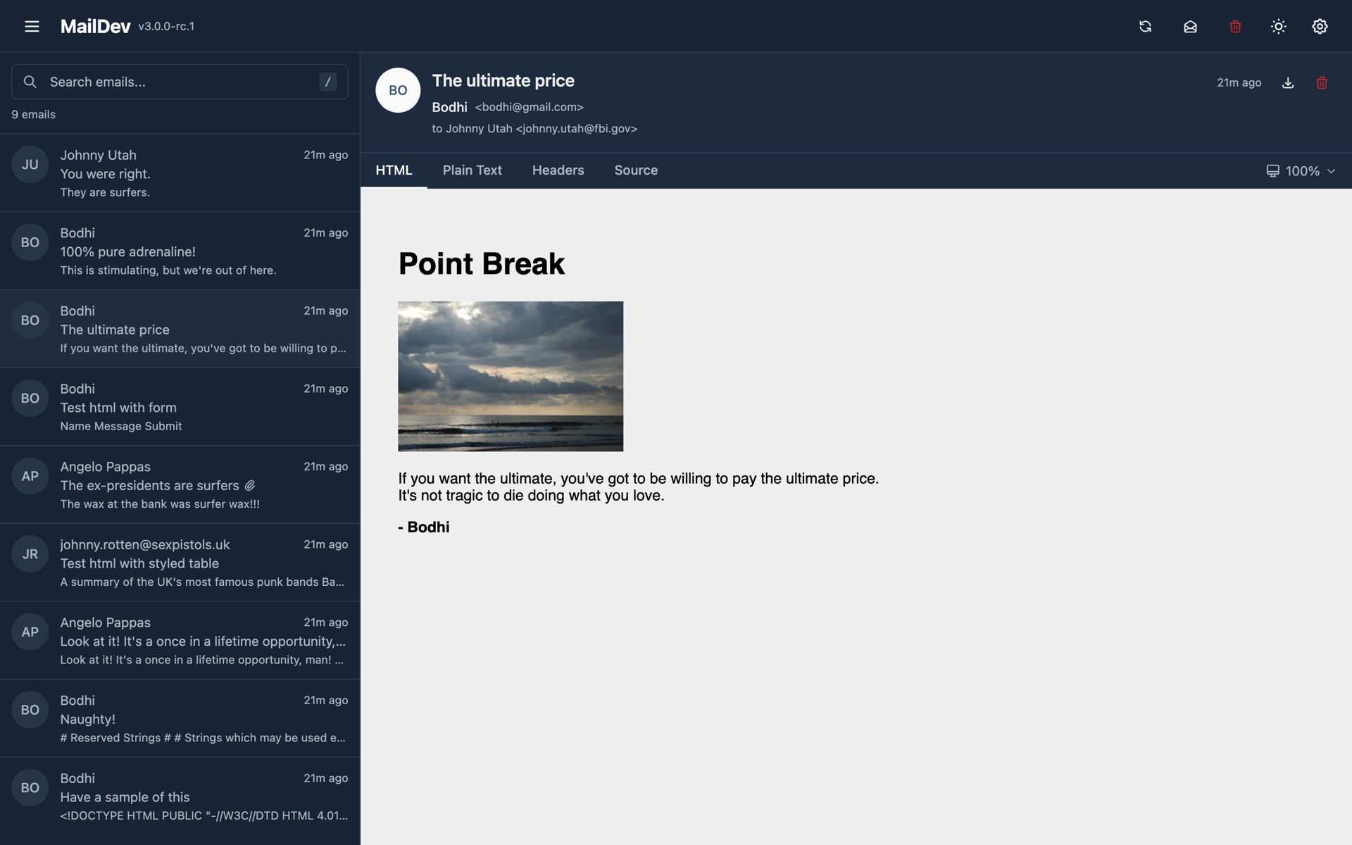 MailDev 3.0 web interface in dark mode