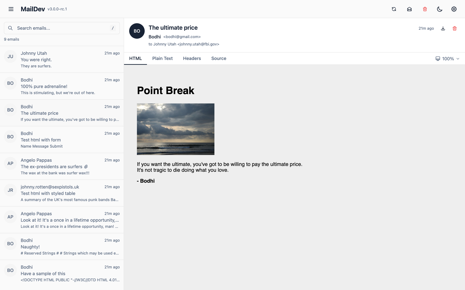 MailDev 3.0 web interface showing a caught email rendered as HTML, with a list of received emails