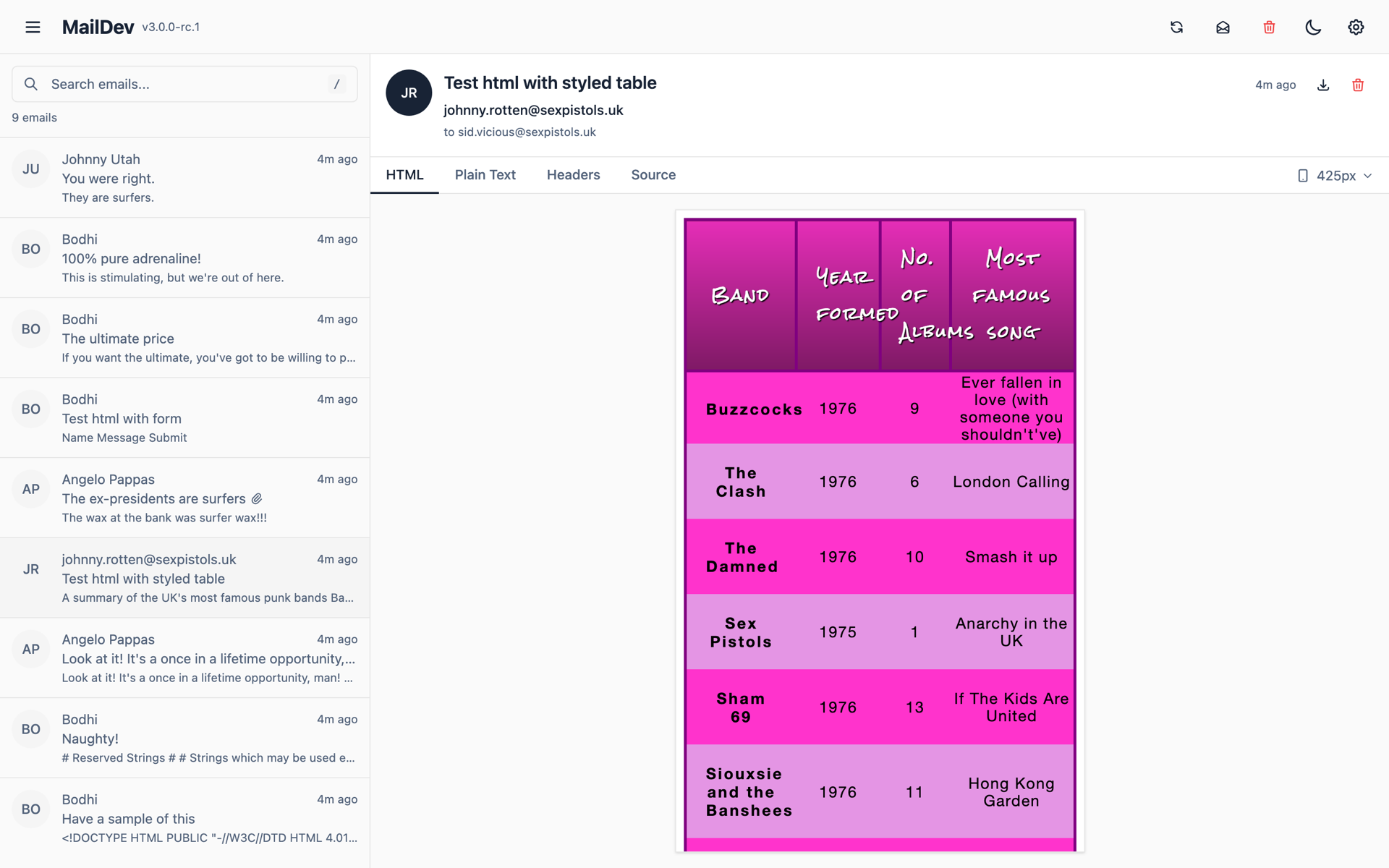 MailDev previewing an HTML email at a 425px mobile viewport width